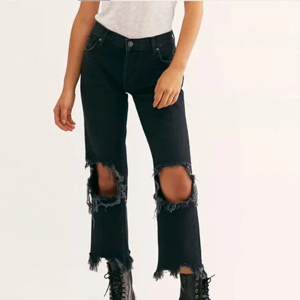Free People Black Maggie Mid-Rise Straight Leg Jeans Destroyed Size 26